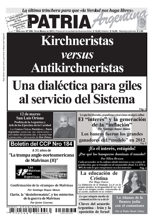Tapa Periódico Patria Argentina - Marzo 2013 - Nº 296